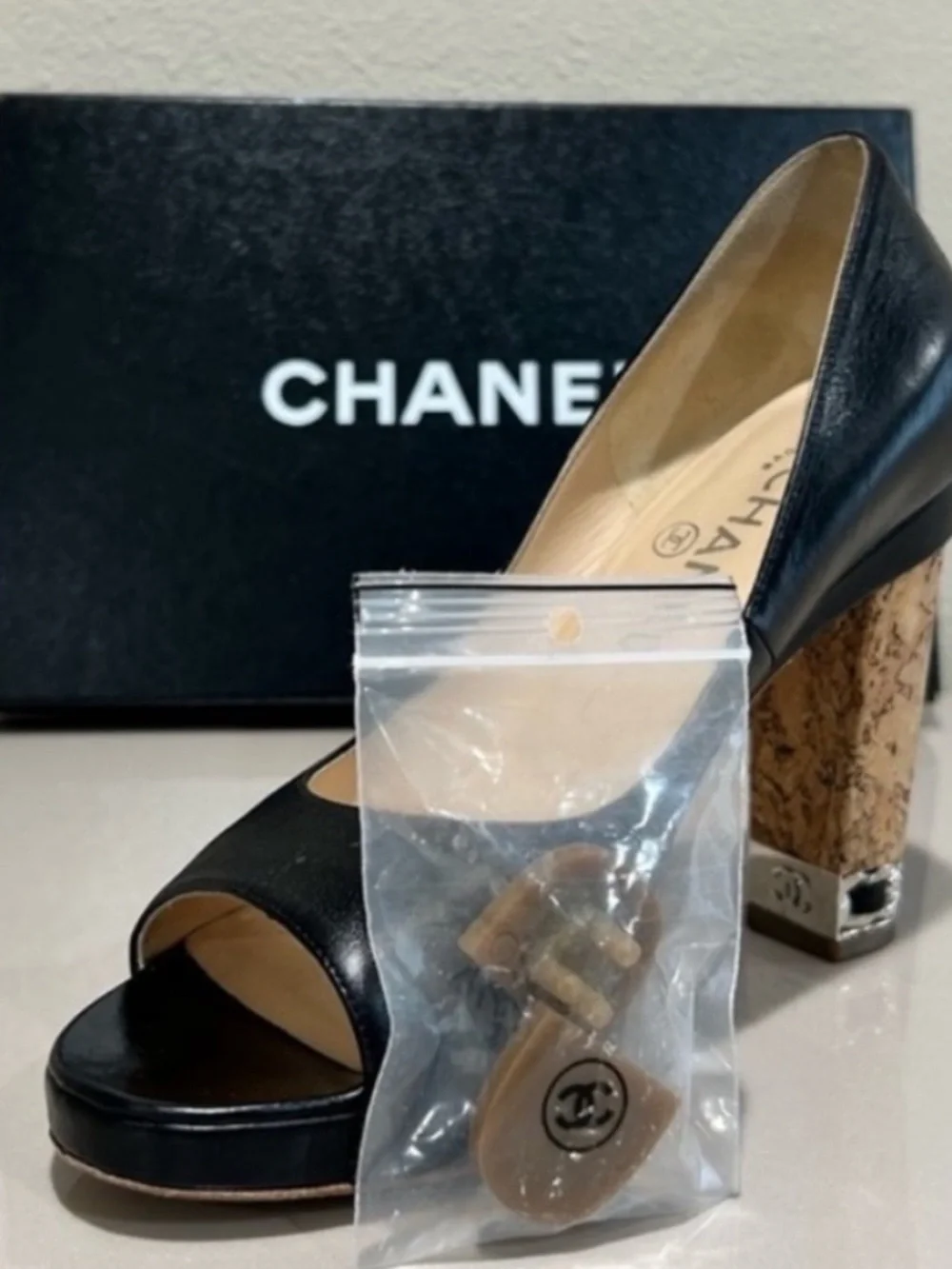CHANEL Black Leather Cork Block Heel Peep-Toe Pumps EUC
